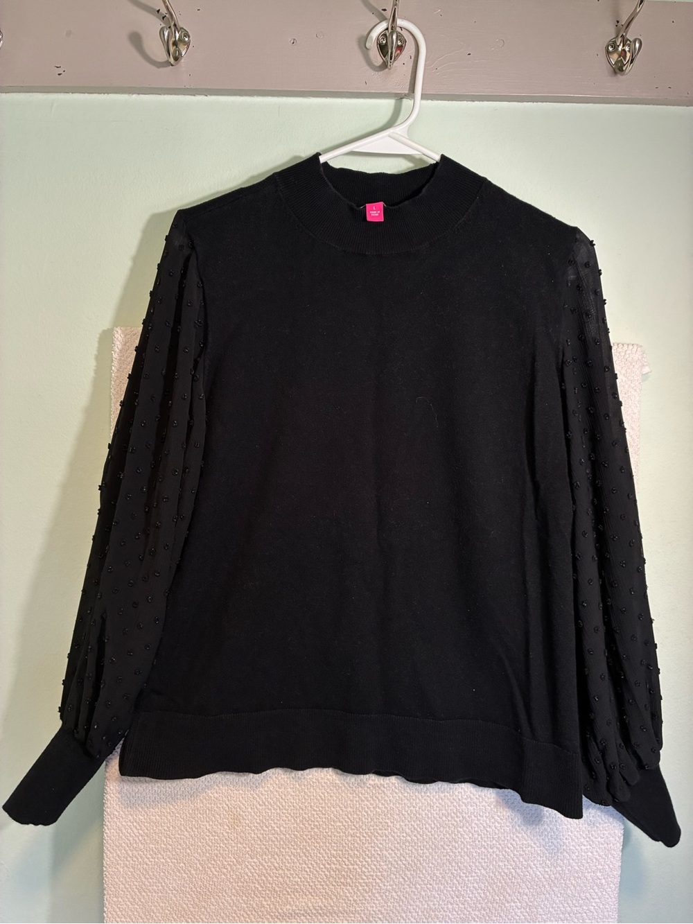 Vince Camuto Black Pullover Sweater with Textured Dot Sleeves